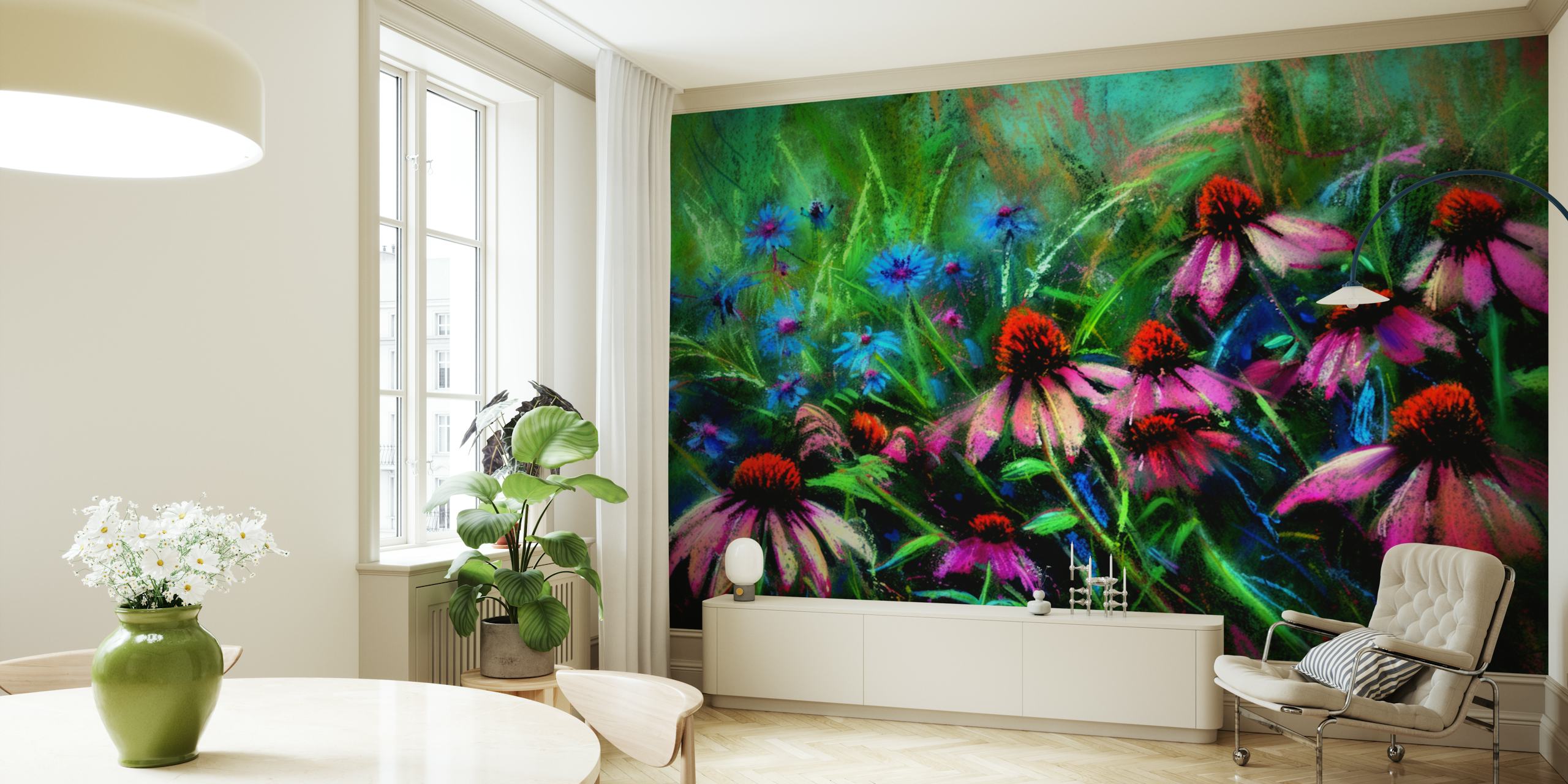 Vintage Twilight Rudbeckia Garden wallpaper in a room